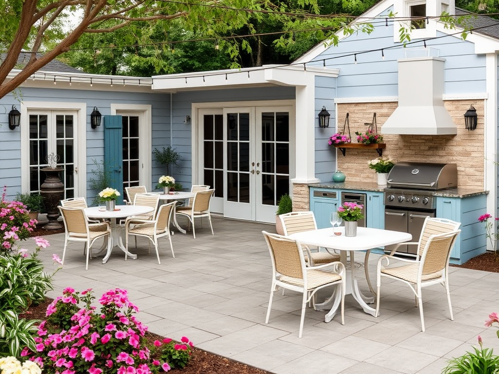 Уютный дворик с обеденными столами, стульями и цветами, соединенный с кухней и крытой зоной.