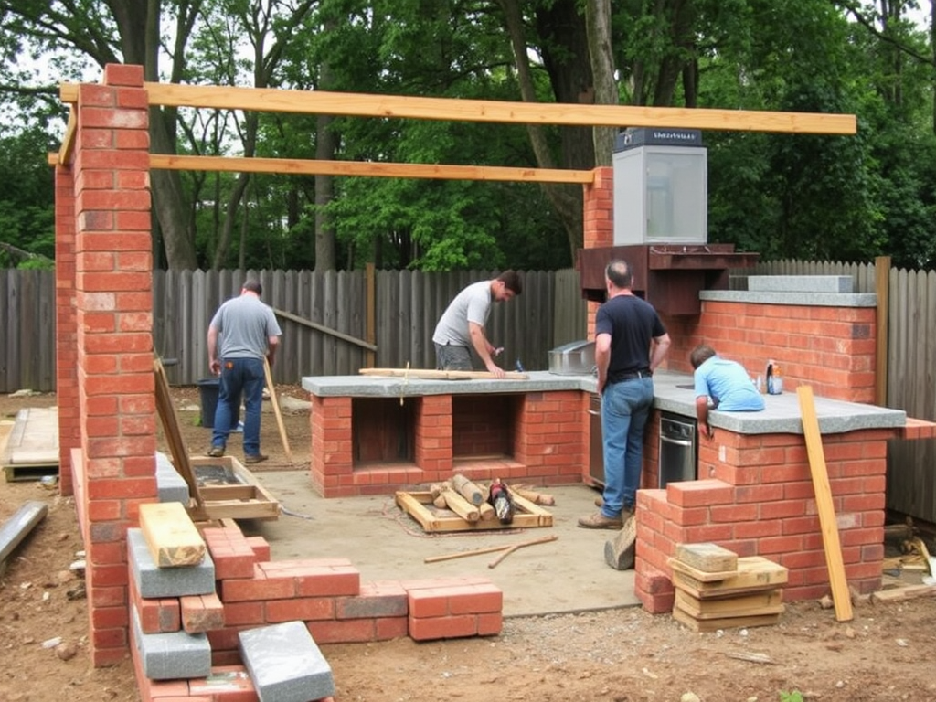 Рабочие строят открытый кирпичный кухонный уголок с каменной столешницей в саду.