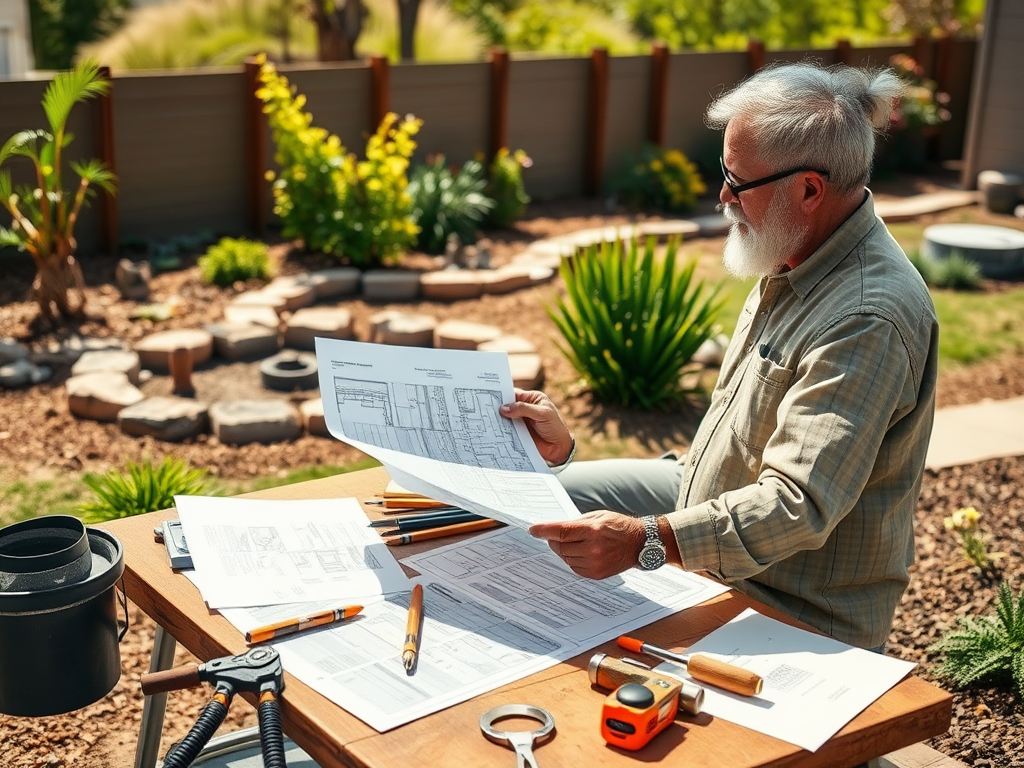 Пожилой мужчина изучает строительные чертежи на столе в саду, окружённом зелеными растениями.