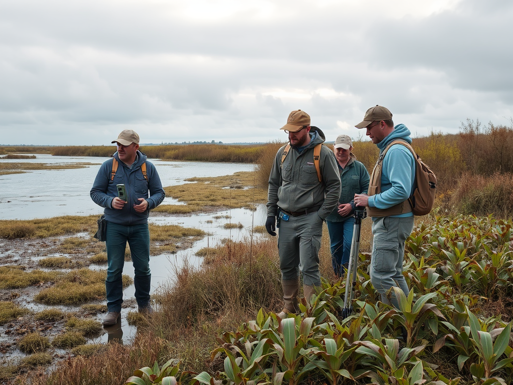 Группа исследователей на болотах, обсуждающих свои наблюдения рядом с водой и растительностью.