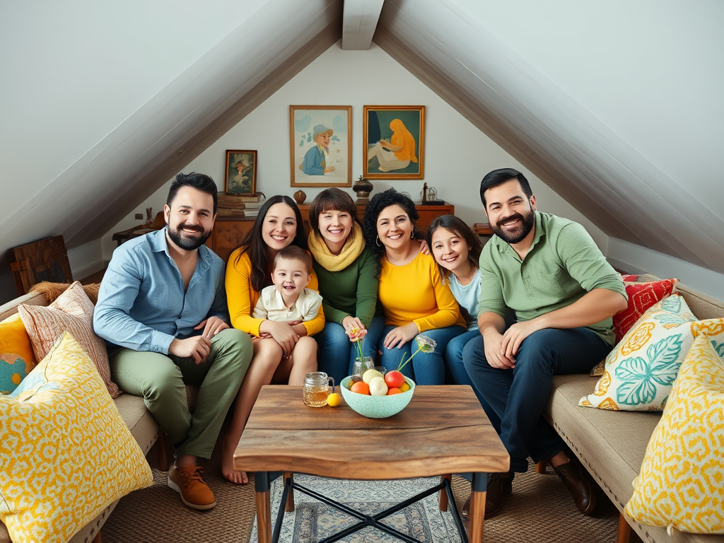 Счастливое семейное фото: двое мужчин, три женщины и два ребенка улыбаются, сидя на диване в уютной комнате.