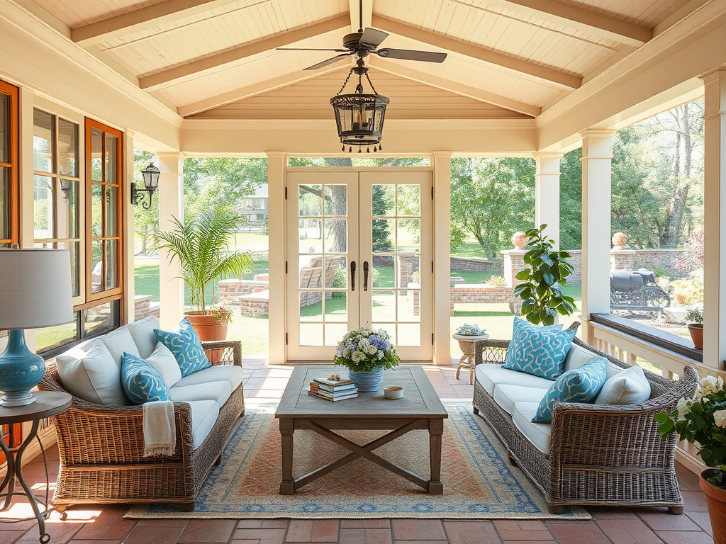 Светлый веранде с плетёной мебелью, цветами и выходом в сад на фоне зелени. Уютная атмосфера для отдыха.