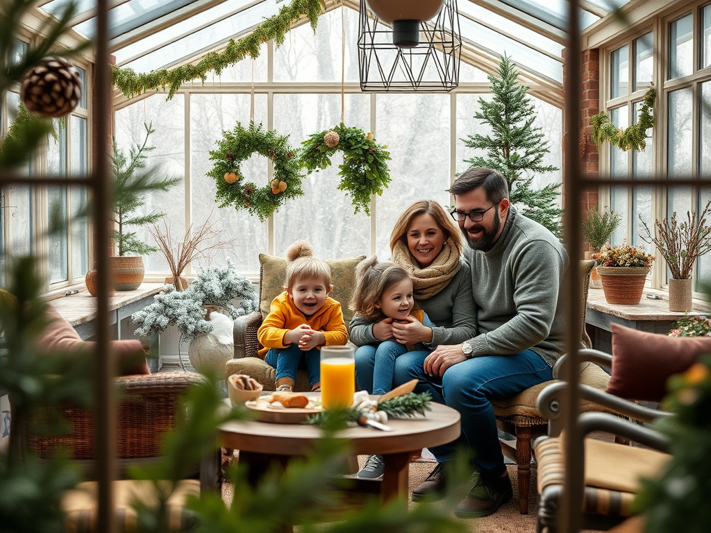 Счастливая семья с двумя детьми сидит в уютной зимней комнате, украшенной еловыми ветками и гирляндами.