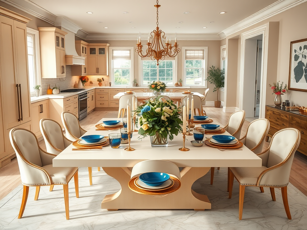 Светлая кухня с большим обеденным столом, украшенным цветами и посудой, в уютной обстановке.