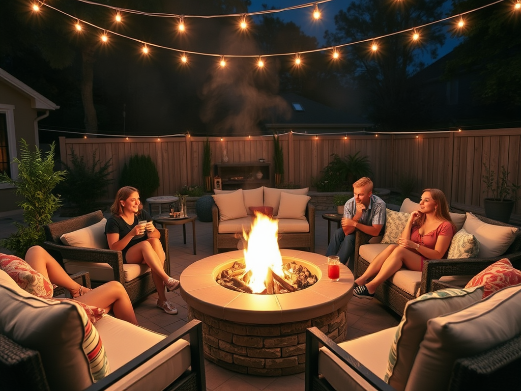 На уютной летней веранде друзья проводят время у костра под подвешенными огоньками.