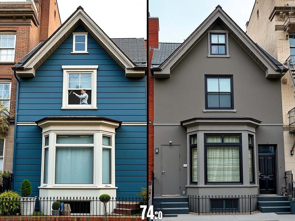 Две casas: слева синий дом с человеком у окна, справа серый дом с закрытыми шторами.