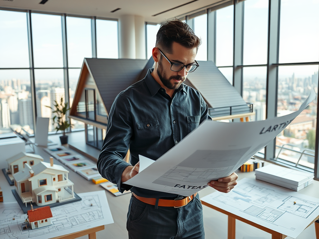 На фото мужчина изучает архитектурные чертежи в офисе с моделью дома и большими окнами.