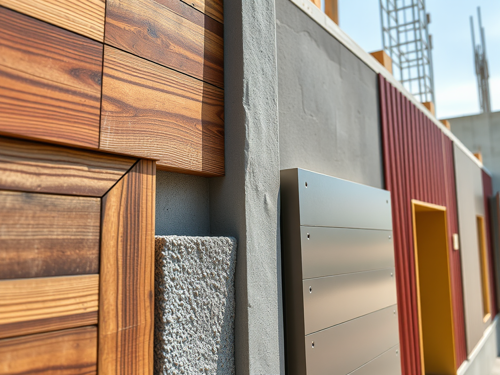 Стена с разнообразными фактурами: дерево, бетон и металл. Строительные работы на фоне.