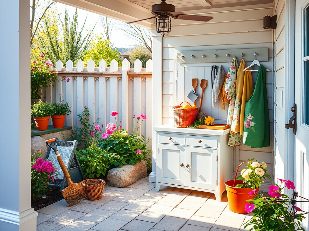 Уютный уголок с цветами и инструментами, светлый шкаф и корзина с фруктами, весенняя атмосфера.