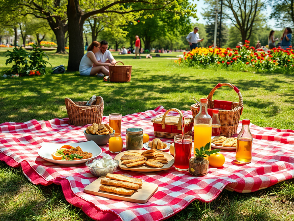 На пикнике на траве: еда, напитки и пара наслаждаются солнечным днем в красивом парке.