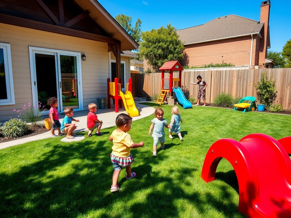 Дети играют на улице в солнечном дворе, вокруг горки и игрового оборудования. Взрослый наблюдает за ними.