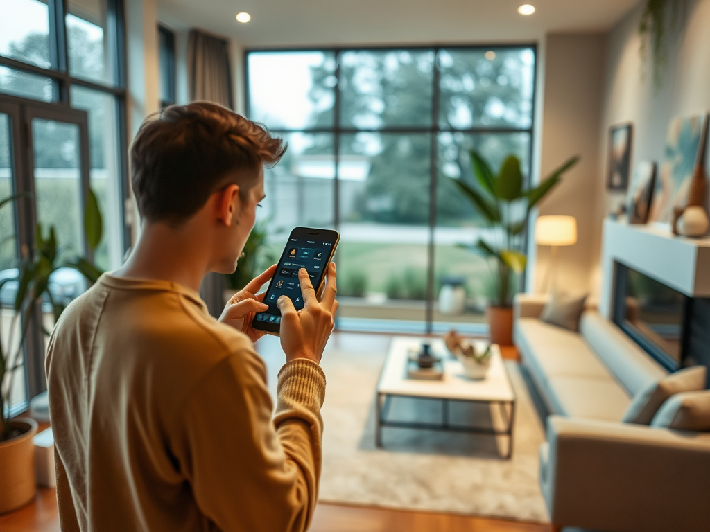 Молодой человек с телефоном в руках стоит в светлом современном интерьере с растениями и мягкой мебелью.