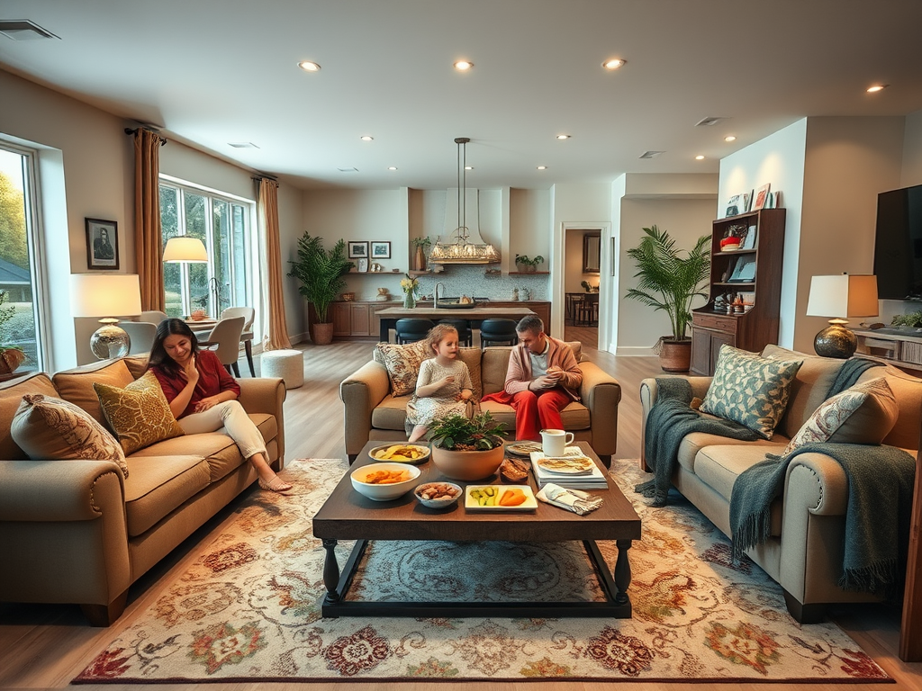 Семья общается в уютной комнате с диванами, столом с закусками и зелеными растениями на фоне.