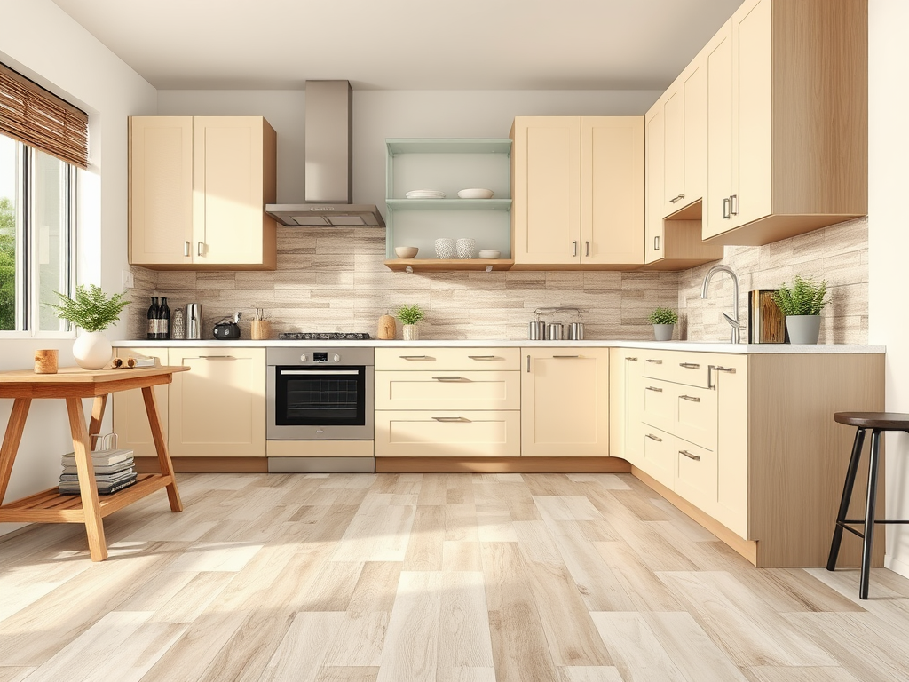 Современная кухня с деревянными шкафами, плитой, мойкой и большим окном, освещенная дневным светом.