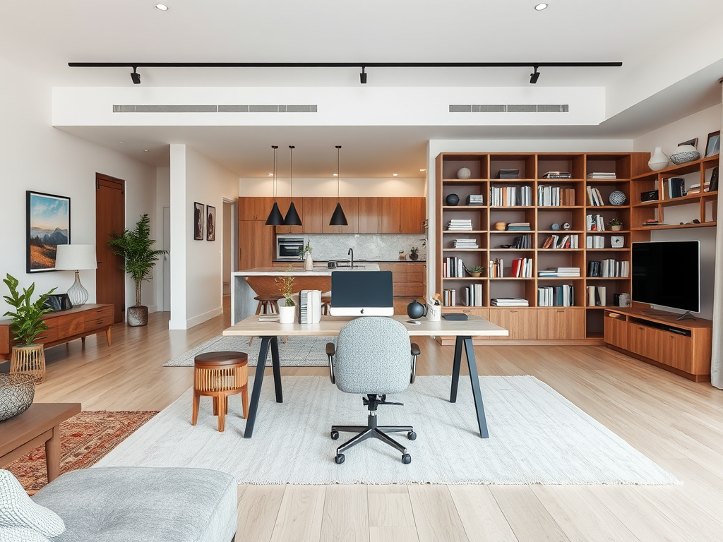 Современный офис с деревянной мебелью, кухней и удобным рабочим местом. Светлое и уютное пространство.