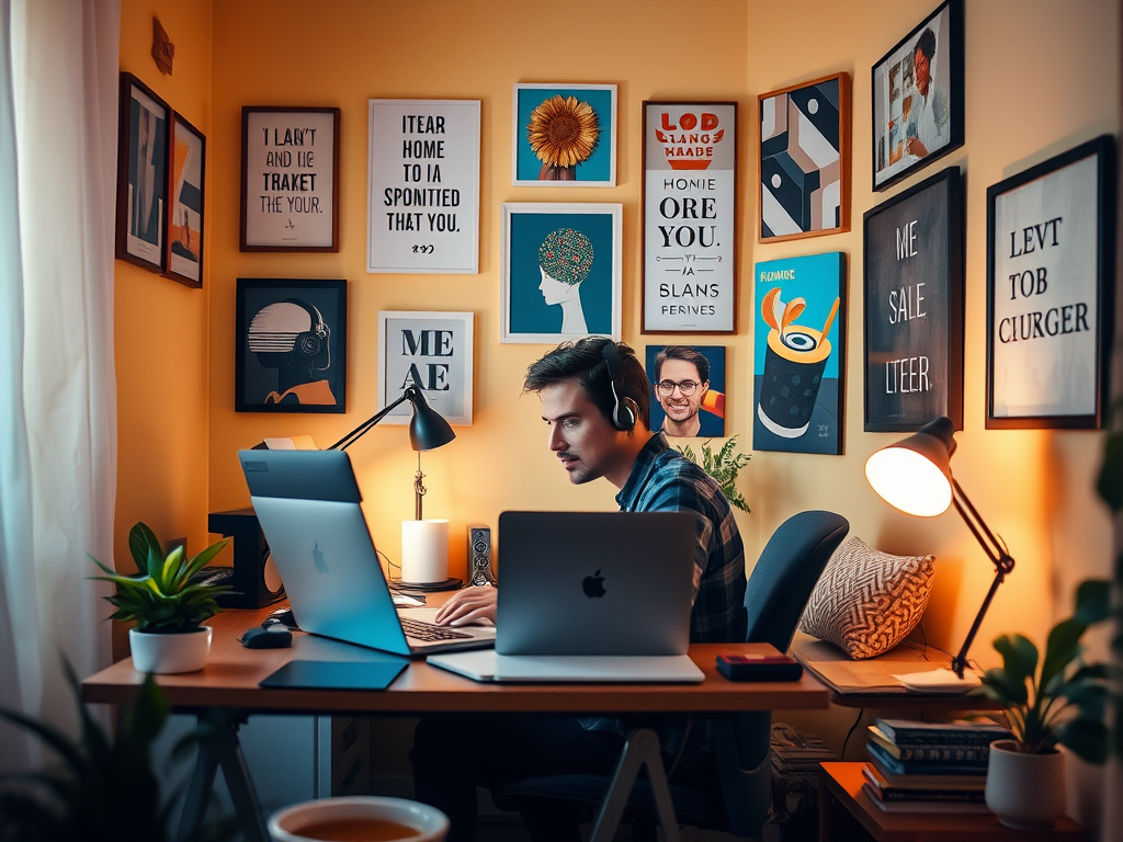 На фото молодой человек работает за столом в уютном офисе с яркими стенами и оформлением.