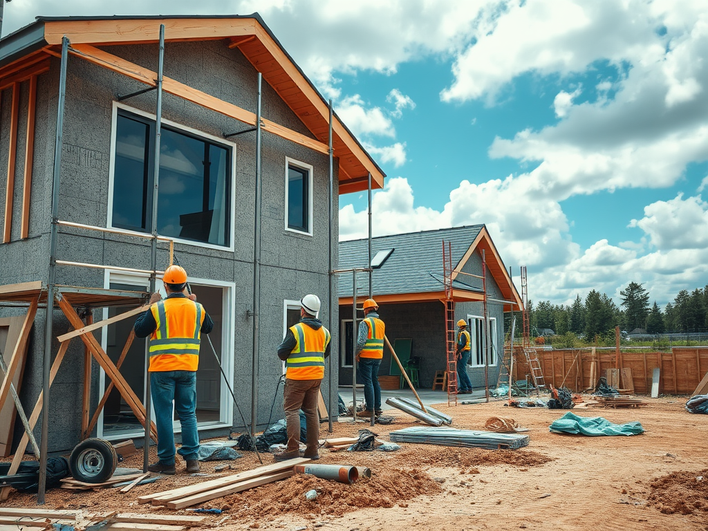 На стройке несколько работников устанавливают окна и работают с материалами на фоне облачного неба.