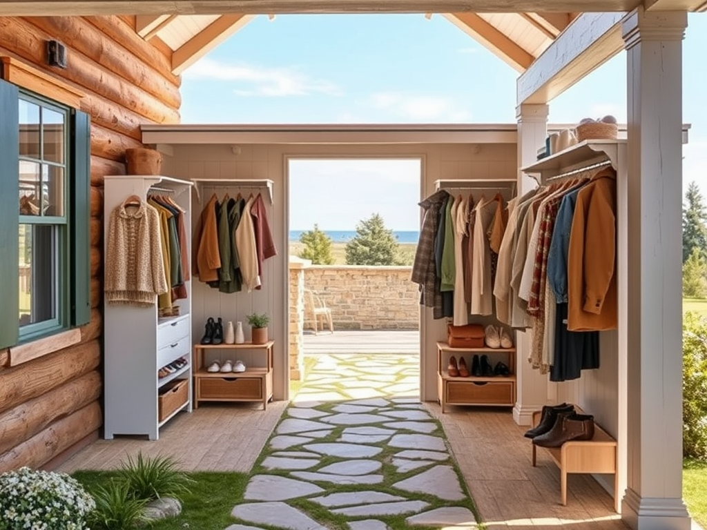 Открытое пространство с гардеробом, вещами на вешалках и видом на море в солнечный день.