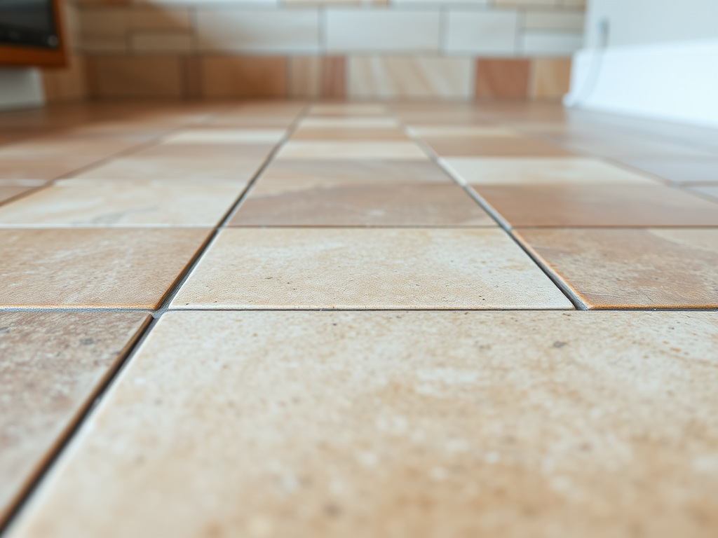 Половое покрытие с керамической плиткой в теплых тонах, вид с низкой точки.