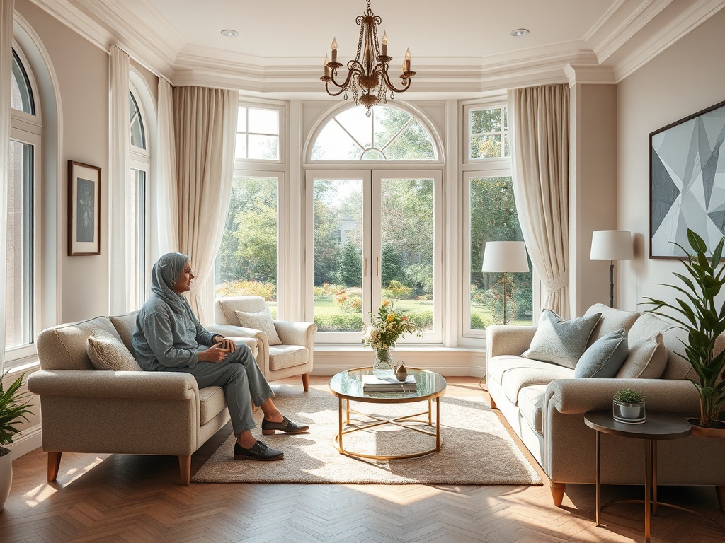 Женщина в хиджабе сидит в уютной гостиной с большими окнами и зелёным садом на улице.