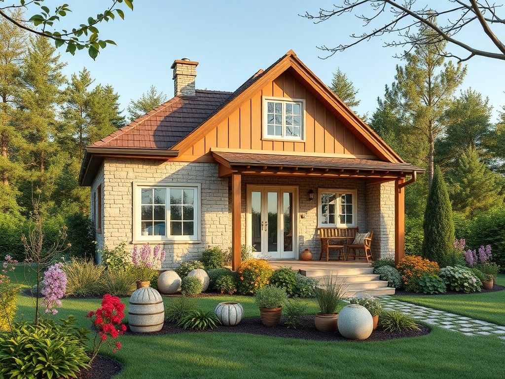 Уютный загородный дом с красивым садом и цветами на фоне леса в солнечный день.