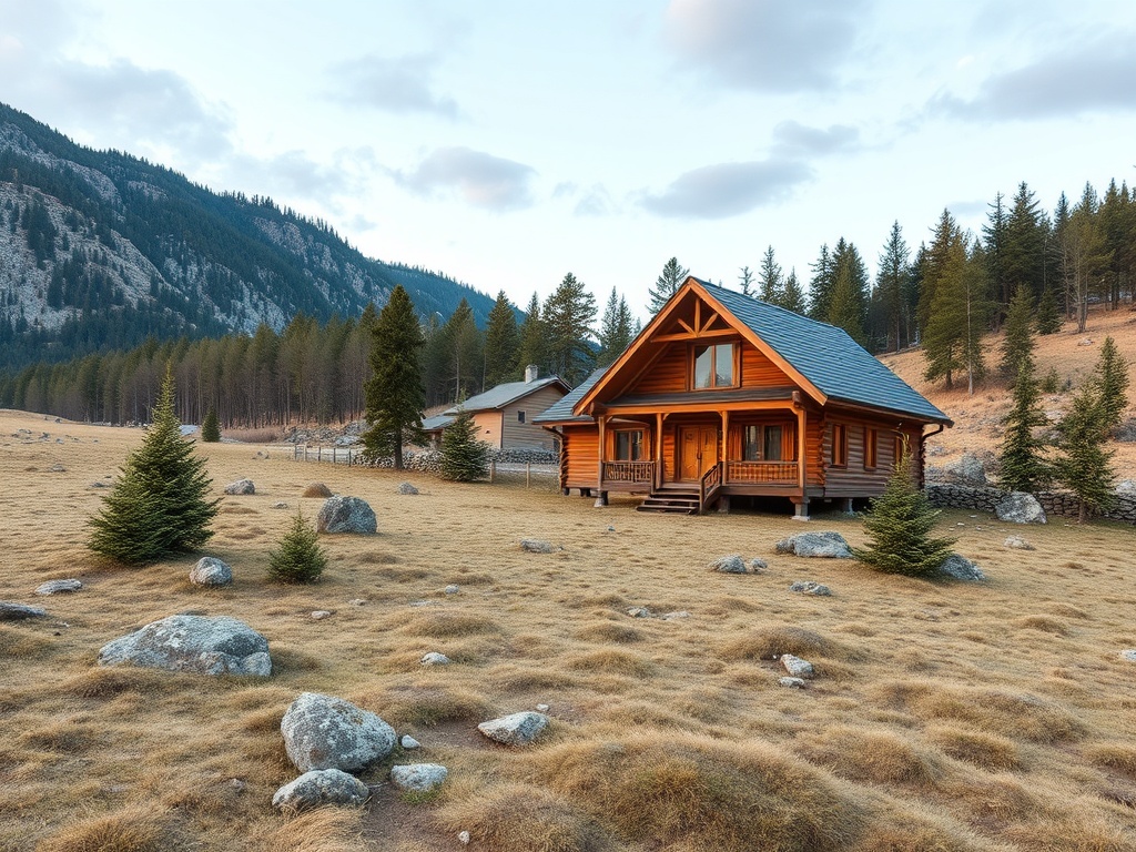 Деревянный дом на фоне гор и леса, окружённый камнями и зелёными деревьями на равнине.