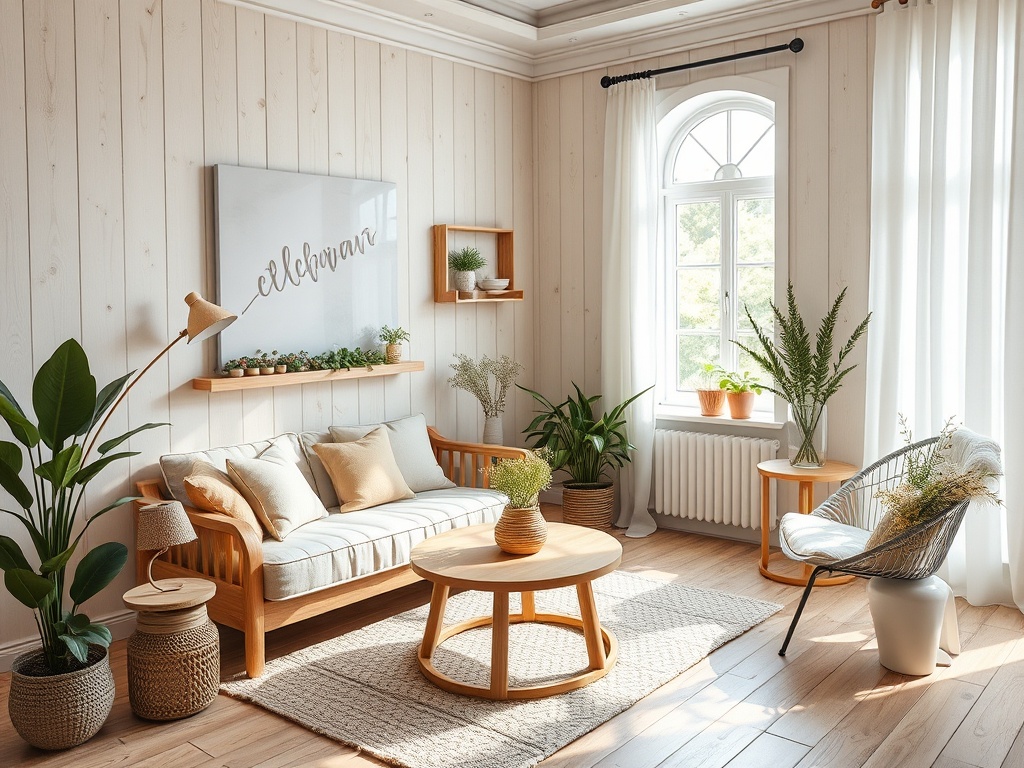 Светлая комната с диваном, растениями и круглым столом, украшенная современным искусством на стене.