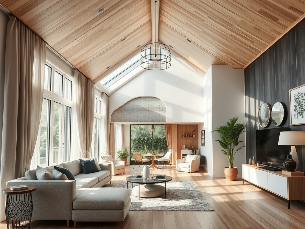 Современный светлый интерьер с большими окнами, деревянным потолком и стильной мебелью. Уютная атмосфера.