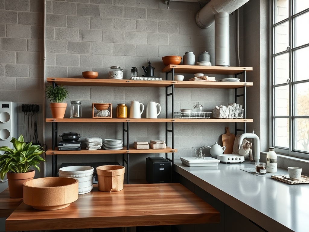 Элегантная кухня с открытыми полками, на которых стоят посуда, растения и декор. Уютная атмосфера и стильный дизайн.