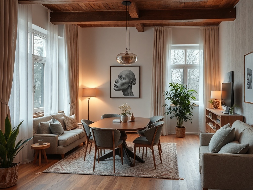 Современный интерьер с уютной мебелью, большим окном и стильными акцентами на стенах и светильниках.