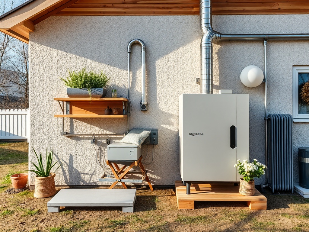 Современная кладовая с растениями и бытовой техникой на стене дома, оформленная в светлых тонах.