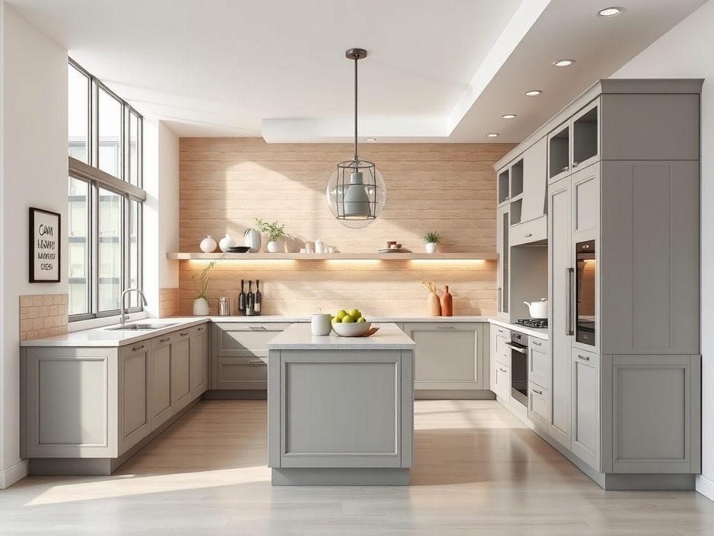 Светлая современная кухня с серыми шкафами, большими окнами и стильным освещением. Просторная и уютная.