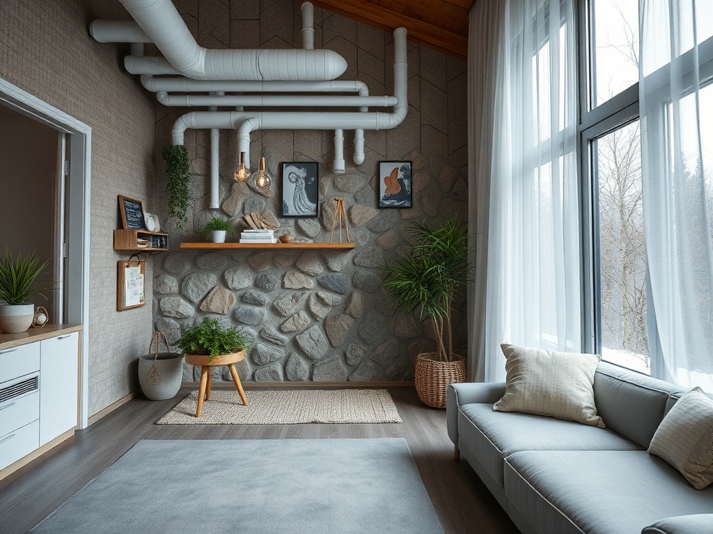 Современная гостиная с каменной стеной, светлыми шторами и удобным диваном. Естественный уют и стиль.