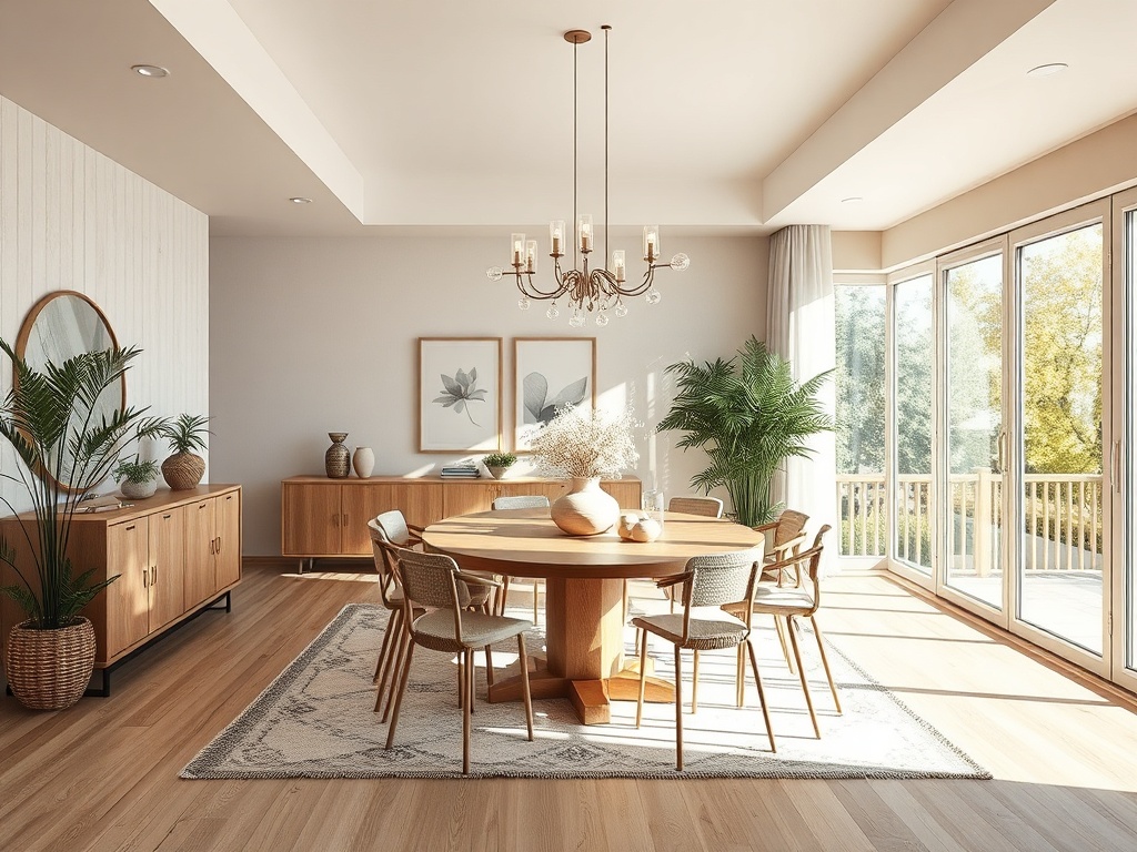 Современный обеденный зал с круглым столом, деревянной мебелью и большими окнами, впускающими солнечный свет.