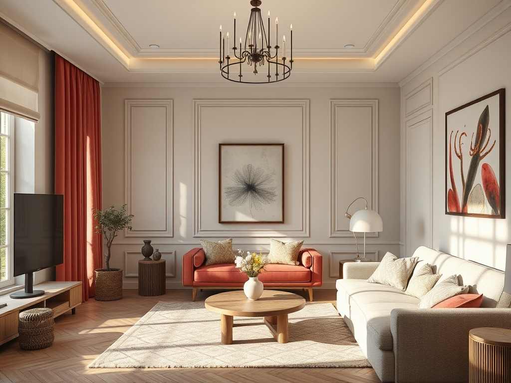 Современная гостиная с двух диванов, круглым столом и эффектным освещением. Мягкие ткани и уютные цвета.