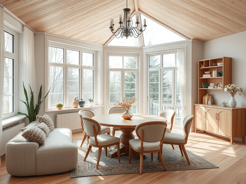 Светлая столовая с деревянным потолком, столом и стульями у больших окон, наполненных солнечным светом.