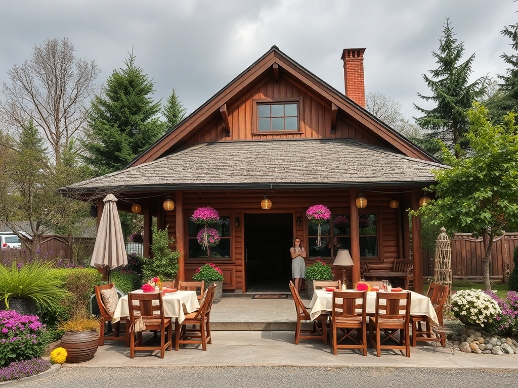 Деревянный дом с столами на веранде и цветами вокруг. Подходит для отдыха на природе.