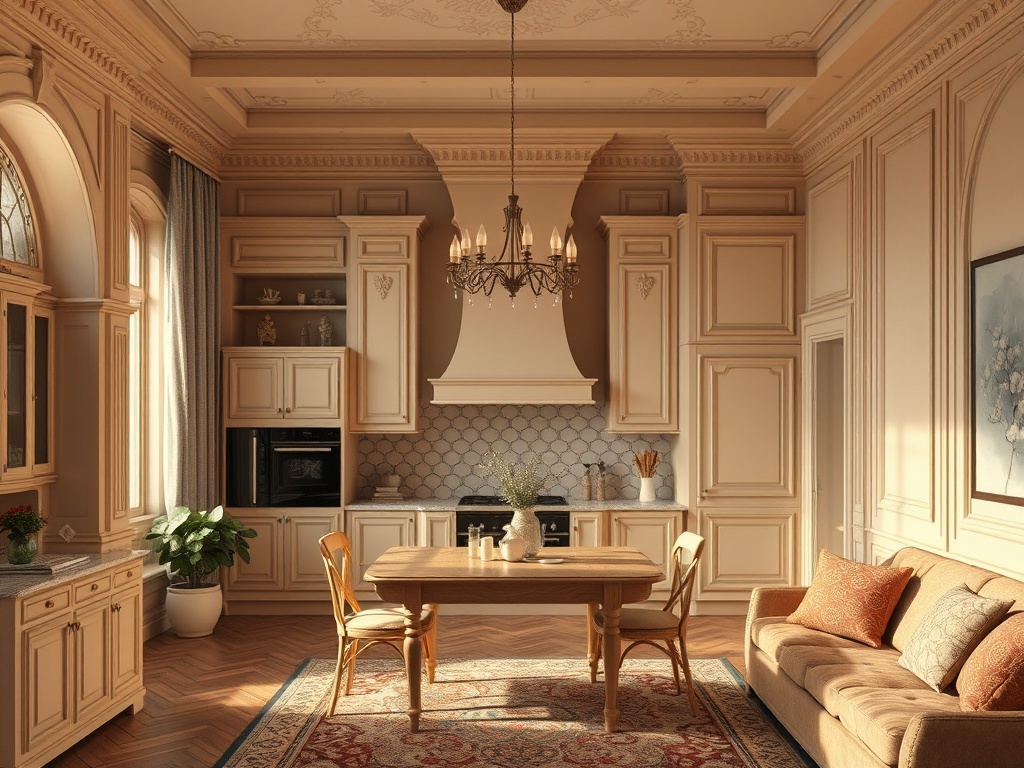 Современная кухня в классическом стиле с деревянной мебелью и уютным диваном в светлых тонах.