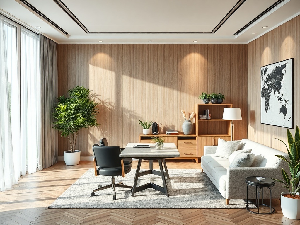 Современный офис: стол, кресло, диван, зелёные растения и карта мира на стене. Светлое и уютное пространство.