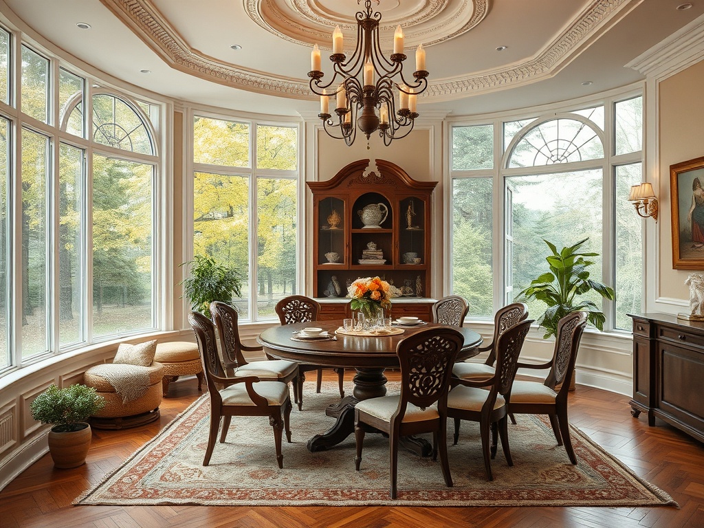 Элегантная столовая с круглыми окнами, деревянной мебелью, столом на 8 человек и красивым оформлением.