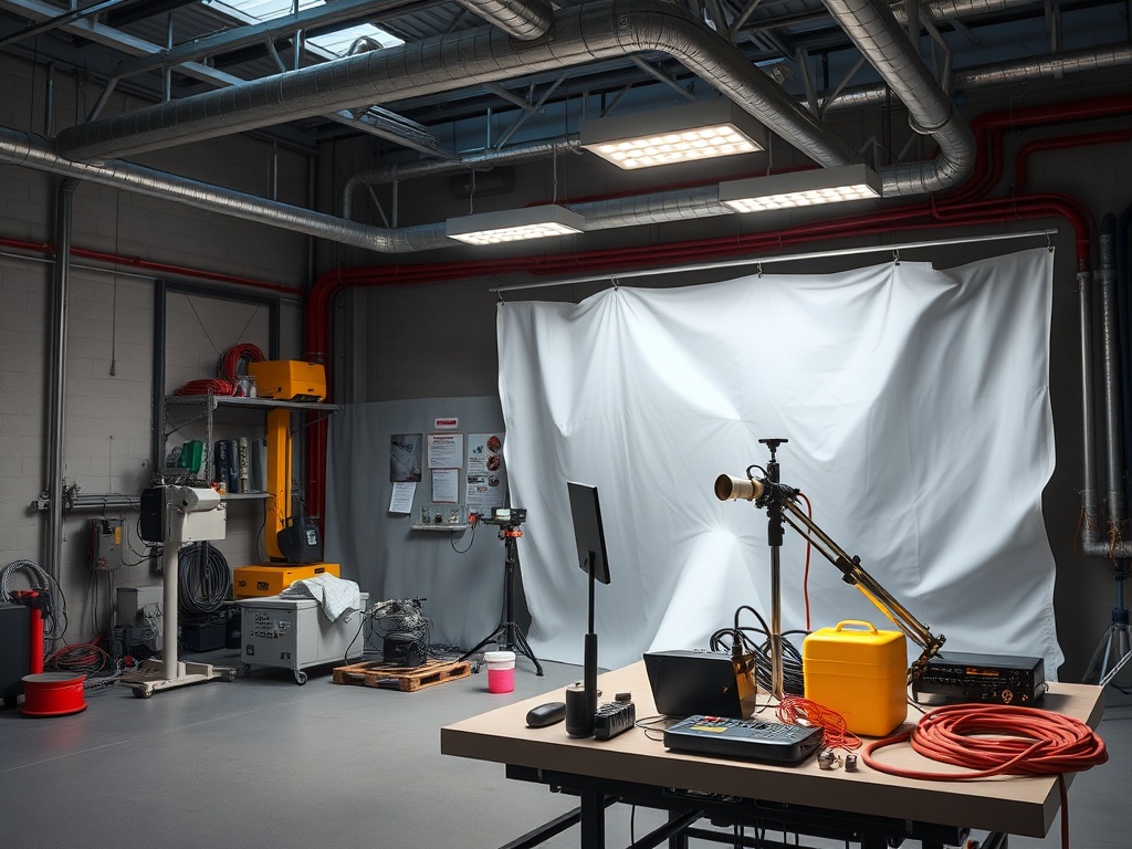 Помещение с оборудованием: стол, техника, провода и белый экран на фоне. Освещение сверху.