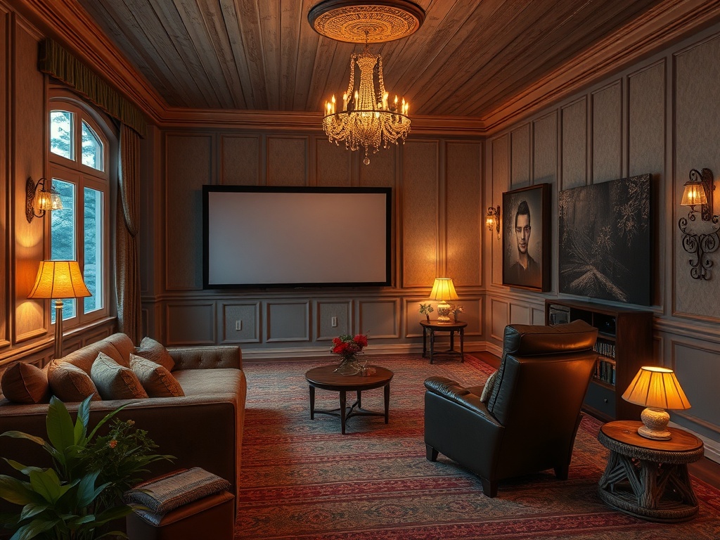 Уютная комната с кинозалом, диваном, креслом и светильниками. Деревянный потолок и темные стены создают атмосферу.