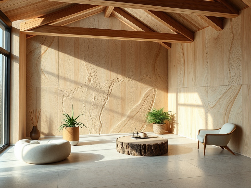 Современный минималистичный интерьер с деревянными стенами, растениями и уютной мебелью.