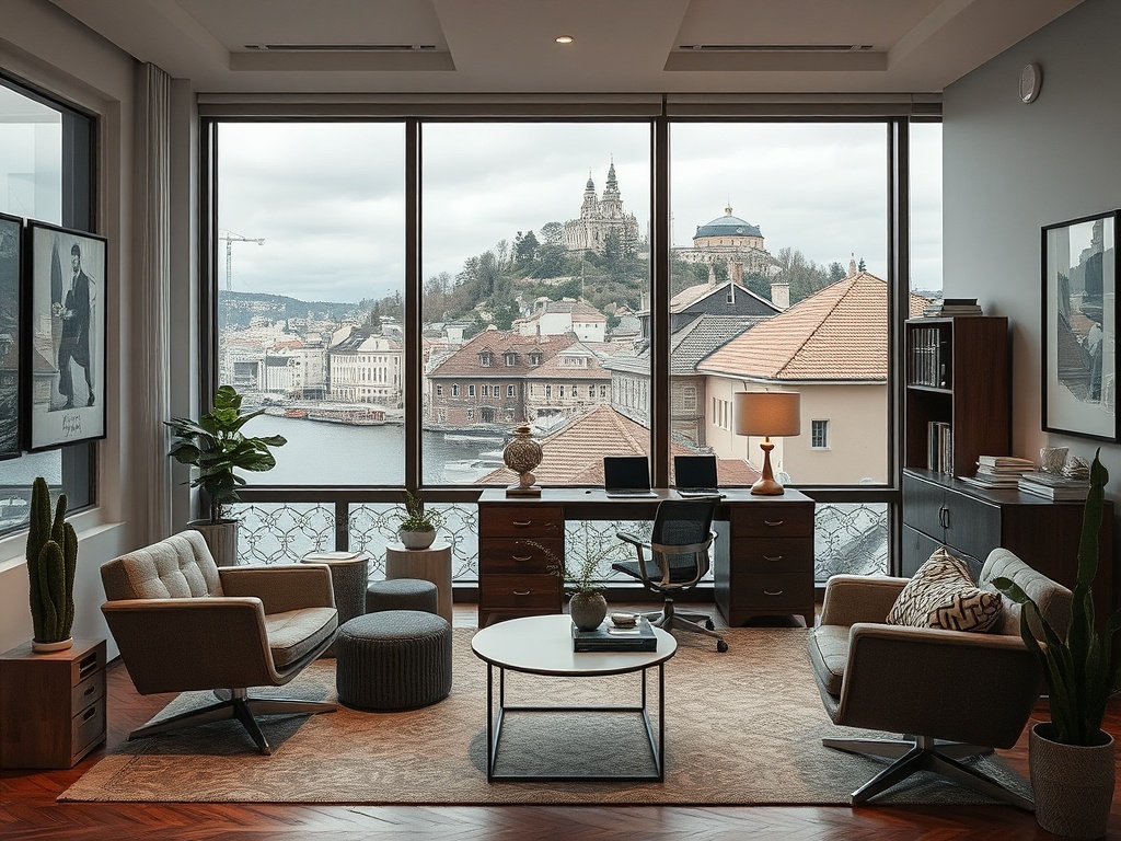 Современный интерьер комнаты с окнами, открывающими вид на город и замок на холме. Уютная обстановка.