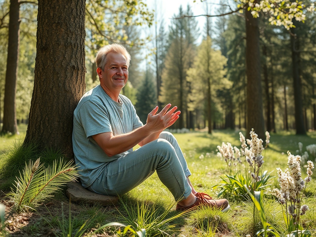 Мужчина сидит у дерева в лесу, радуясь миру вокруг и наслаждаясь теплым солнечным днем.