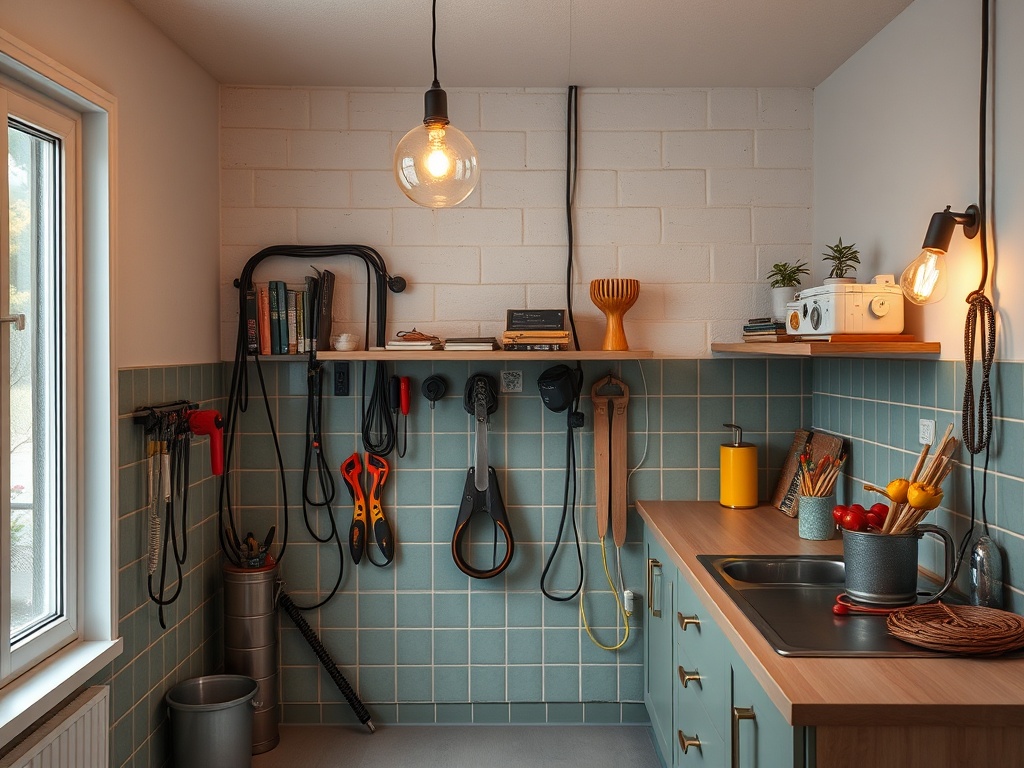 Современная кухня с бирюзовой плиткой, полками и различными кухонными принадлежностями. Удобное и стильное пространство.