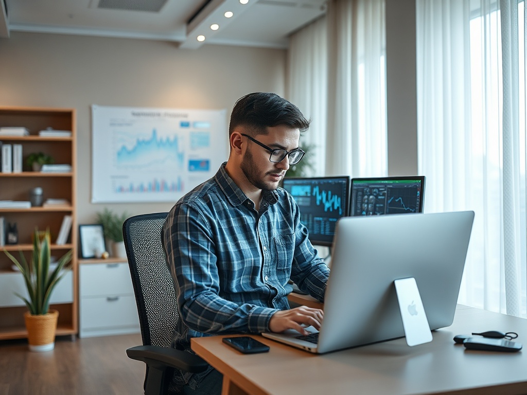 Молодой человек в очках работает за компьютером в современном офисе с графиками на экране.