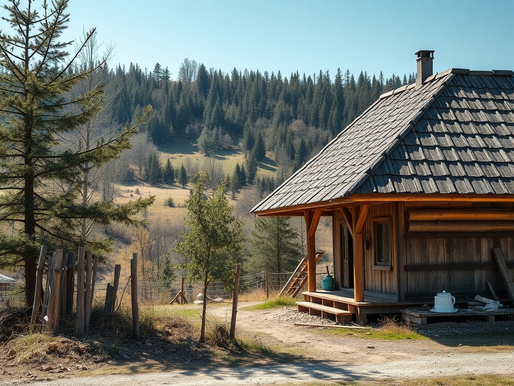На картине изображен деревянный дом на фоне зелёных гор и ясного голубого неба. Спокойная природа.