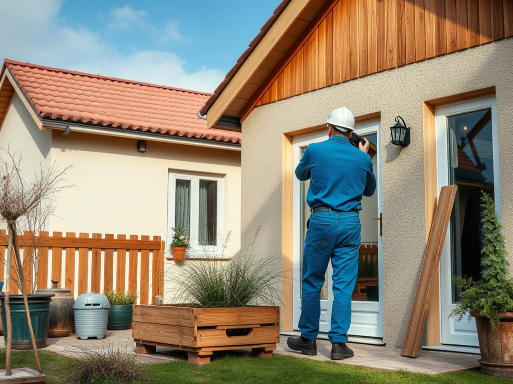 Рабочий в каске фотографирует вход в дом с деревянным оформлением и зелеными растениями вокруг.