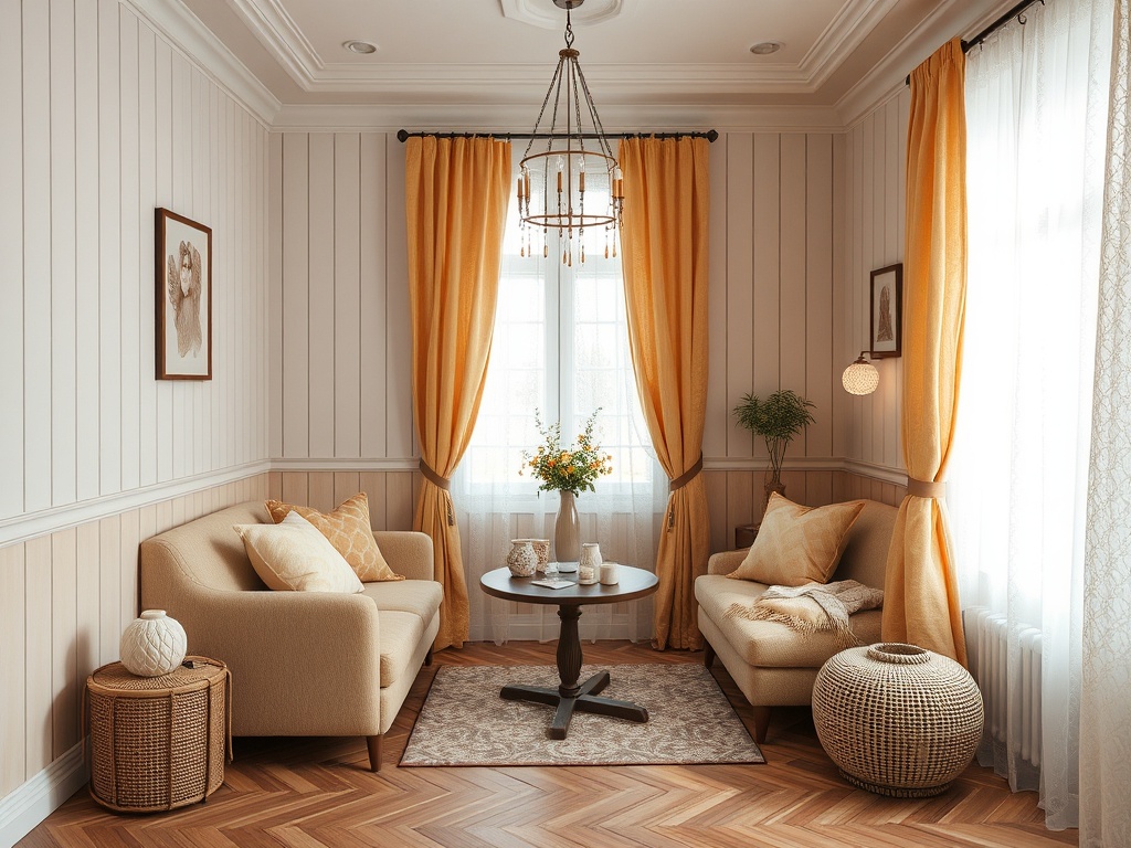 Уютный уголок комнаты с красивыми шторами, мягкой мебелью и уютным декором. Теплая атмосфера.
